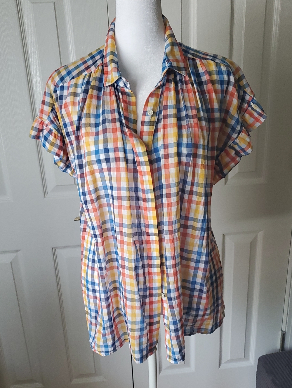 Trovata Plaid Short-Sleeve Button-Front Top in Blue, Yellow, Coral